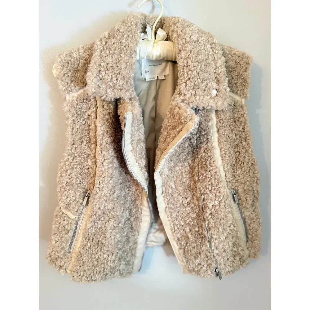 Anthropologie Teddy Faux Fur Moto Vest Cream Beige Size Small